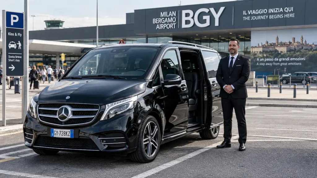 Mercedes V-Class at Milan Bergamo Airport with Private Driver Black Mercedes V-Class minivan with professional driver waiting for clients at Milan Bergamo Airport BGY