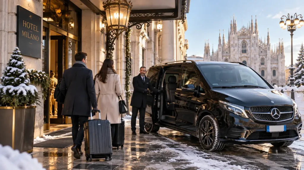 Private transfer driver with clients in Milan in winter