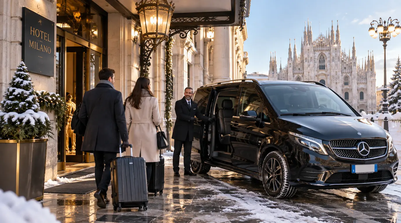 Private transfer driver with clients in Milan in winter