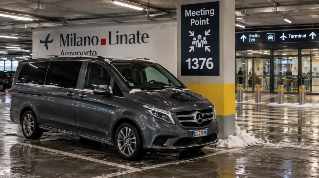 Milan Linate Airport at Winter MINIVAN is parked at Milan Linate Airport
