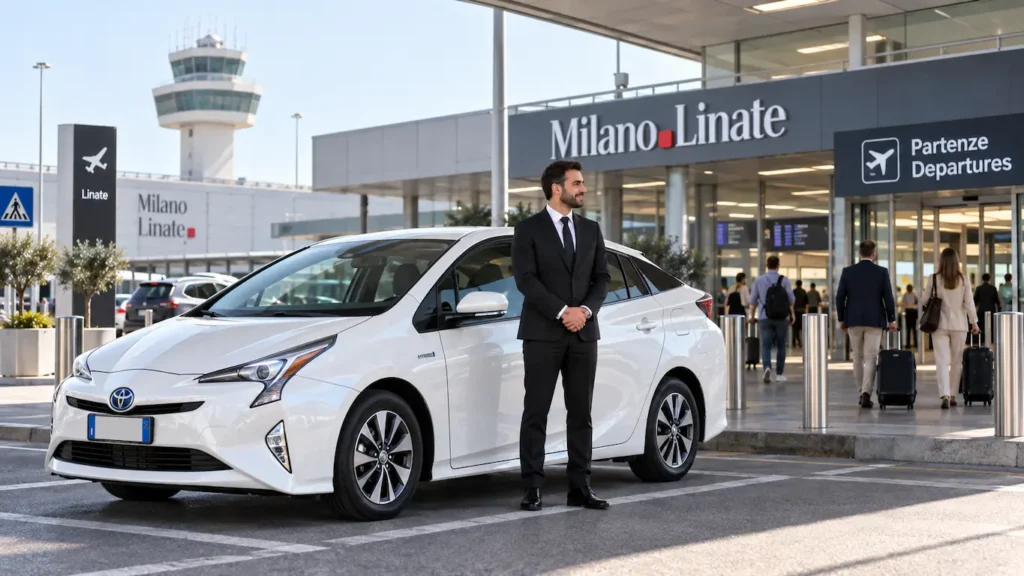 Professional driver standing beside a white Toyota Prius at Milan Linate Airport, ready for a private airport transfer