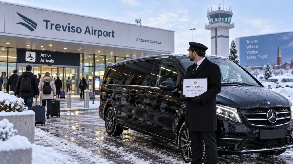 Een chauffeur van een zwarte minibus wacht op klanten op de luchthaven van Treviso op een winterdag.