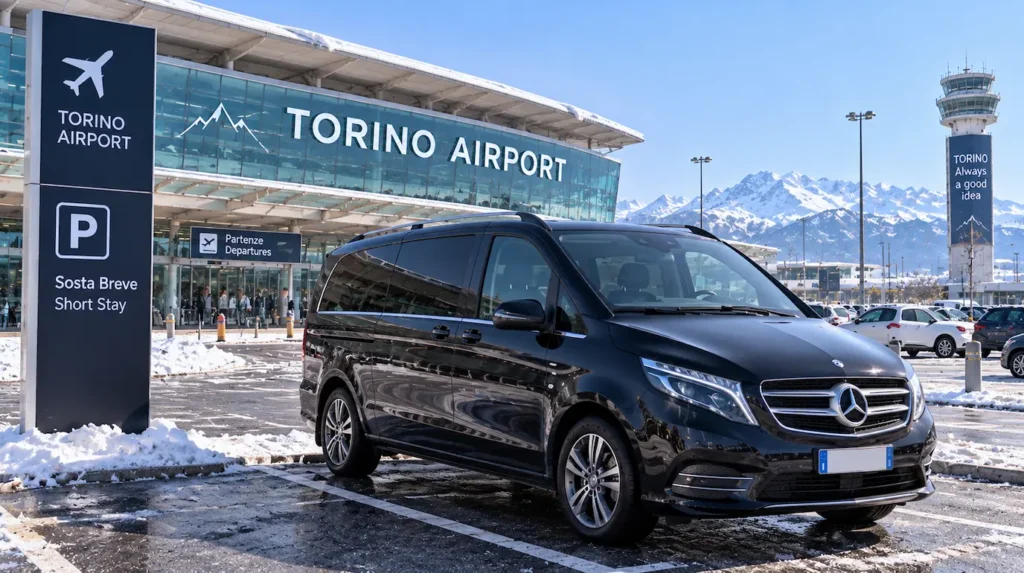Black minivan parked outside Turin Airport on a winter day