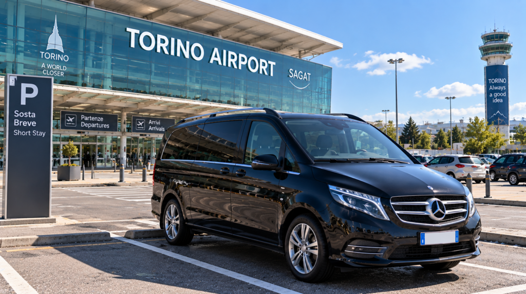 Private Transfer Minivan at Turin Airport Black minivan parked outside Turin Airport on a sunny summer day
